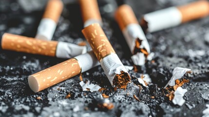 Broken Cigarettes and Tobacco on Dark Surface Background