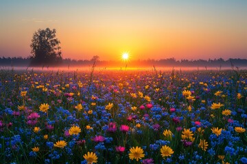In the summer, a sunrise paints the sky above a tranquil forest and meadow