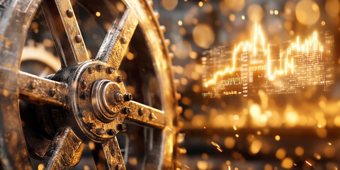 Oil pumpjack silhouette with rising stock market chart