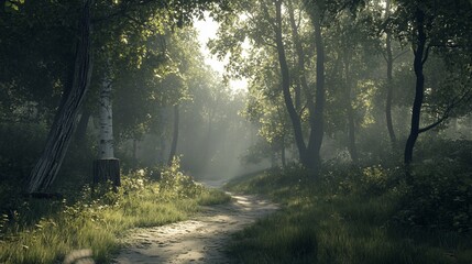 Obraz premium Sunlit forest path, misty morning, tranquil woods, nature background, idyllic scene