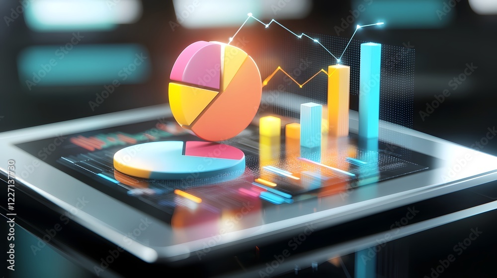 Aufkleber Sleek digital tablet displaying vibrant 3D pie and bar charts on a reflective surface with glowing data visualizations symbolizing business analytics and modern technology