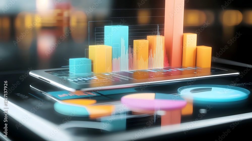 Fototapete High tech digital business analysis concept featuring a tablet device with interactive 3D data visualizations colorful charts and real time analytics displayed on a reflective desktop surface