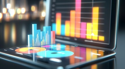 High Tech Business Data Analytics and Visualization Concept featuring a digital tablet with interactive 3D data visualizations colorful charts