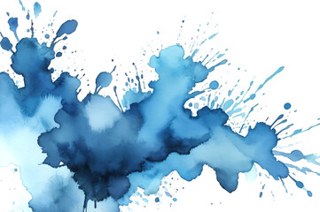 Watercolor illustration in the form of blue blots on white paper, ink stains, drips, spots.