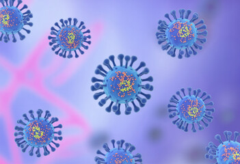 3D rendered illustration of Human metapneumovirus (HMPV), a respiratory virus affecting humans, shown in a detailed microscopic view with blue and purple tones.  .