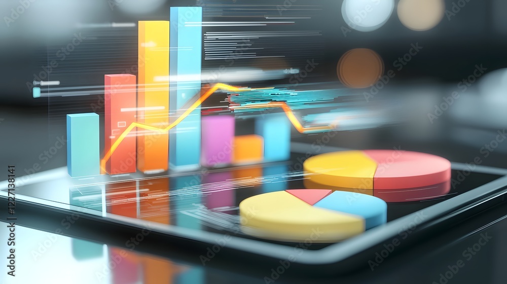 Leinwandbilder Contemporary business intelligence concept showcasing a sleek tablet display with colorful 3D charts floating bar graphs and analytical pie diagrams on a polished reflective workspace surface
