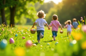 Children running across a lush green field during an Easter egg hunt, their baskets swinging as they search for brightly colored eggs