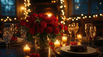 Romantic dinner setup with roses, candles, and dessert during a cozy evening at home