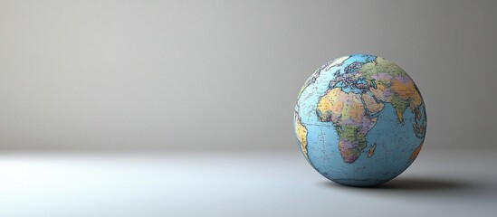 Global map sphere sits on white studio background