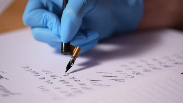 Close-up of a gloved hand practicing calligraphy with a fountain pen, focusing on smooth strokes and elegant letter formation.
