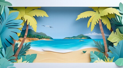 Obraz premium Tropical beach paper art scene, boat, island, summer vacation poster