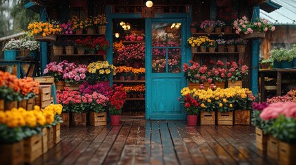 Obraz premium Floral shop display with rain falling in the background, suitable for retail use