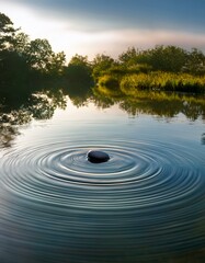 静かな池の水面に小石が落ちた瞬間、同心円状の波紋が広がるテクスチャ