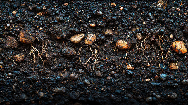 Plant roots growing in dark soil with small stones, ideal for gardening or agriculture content