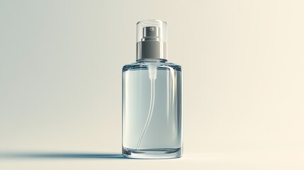 Design a 3D mockup of a calming face mist bottle with a simple, elegant design. The bottle should be clear with a smooth finish