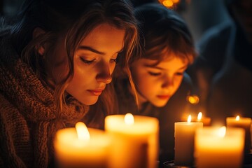 Mother, daughter, candlelight, cozy home, winter