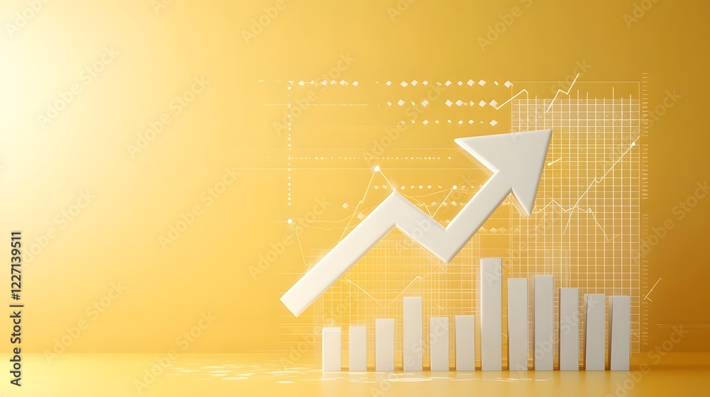 Aufkleber Sleek and modern business success concept featuring a bright yellow background with a clean white upward arrow and abstract financial data charts and graphs subtly embedded representing growth