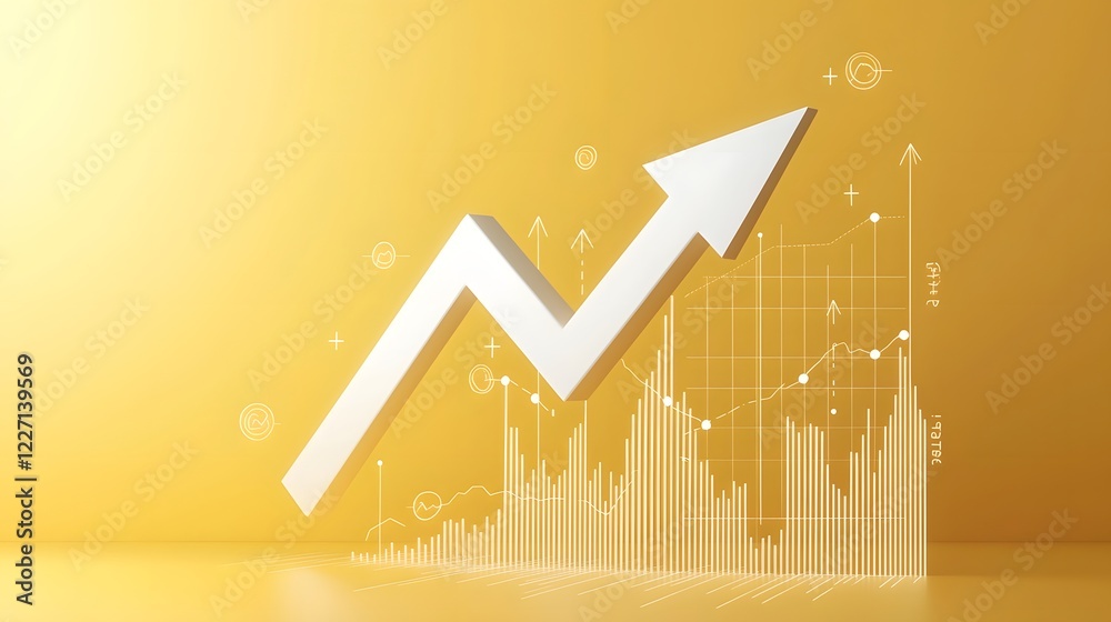 Poster Bright yellow background featuring a sleek white upward arrow with abstract financial data charts and graphs subtly embedded representing a modern and clean business success concept