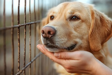 In the animal shelter, a dog leans against the fence to lick a human's hand