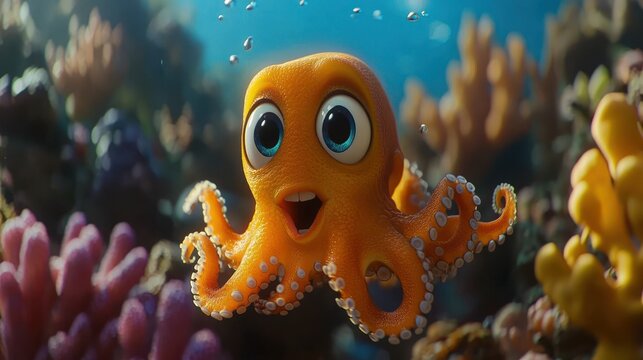 Cute cartoon octopus swimming in vibrant coral reef.