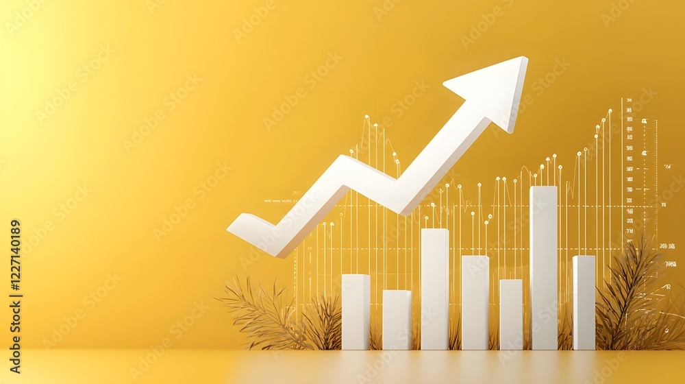 Poster Sleek white arrow pointing upward on a bright yellow background accompanied by minimalist bar graphs and data analytics showcasing a modern financial growth concept