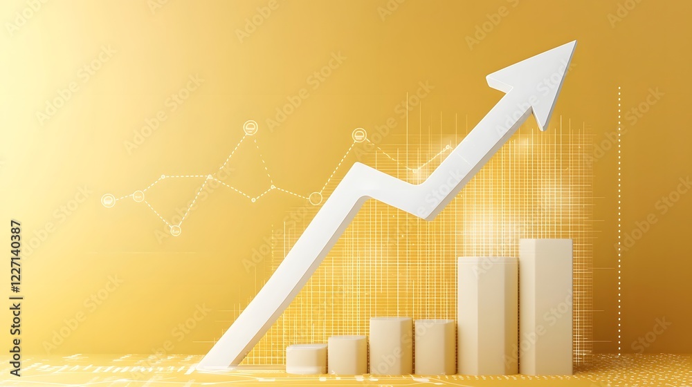 Poster Upward arrow on vibrant yellow background symbolizing business growth success and data visualization  Abstract geometric elements integrated into the design depicting trends analytics