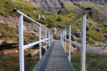 Hiking trail footbridge in Pyrenees, Spain