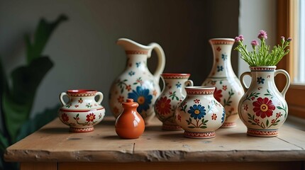 A collection of ornate, hand-painted ceramic pitchers and jars displayed on a table with a bowl of raspberries, showcasing traditional craftsmanship and rustic charm