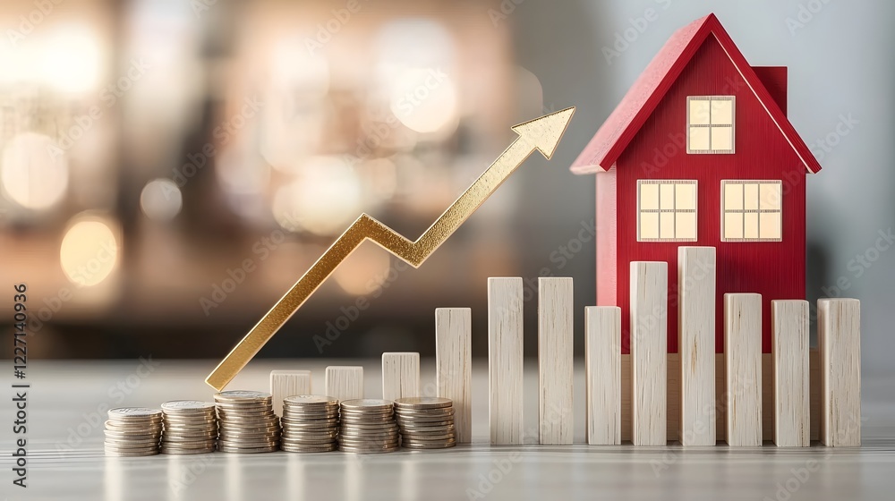 Poster a conceptual real estate investment visualization with a glowing gold arrow pointing upward over a r