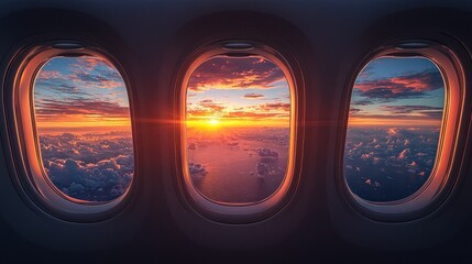 Airplane view of sunset above clouds. Travel related stock photo