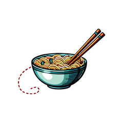 A steaming bowl of noodles with chopsticks, a trail of spilled noodles leading to it, creating a visually appealing and appetizing food scene.