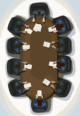 lawyers bussinesman sitting by big long table boss workplace conference room important meeting realistic vector illustration