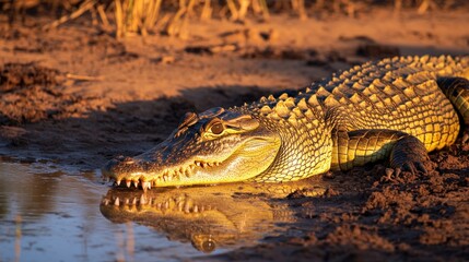 Naklejka premium Spectacled Caiman Basking in Golden Sunset Light