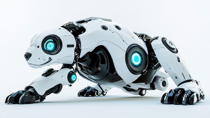 Obraz premium Robotic dog crouching, studio, white background, futuristic tech