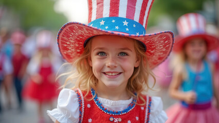 Happy USA independence day costume girl outdoors with copy space