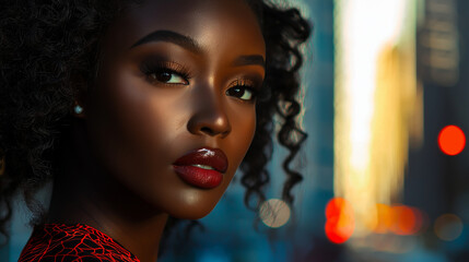 Fototapeta premium Nahaufnahme einer jungen afrikanischen Frau mit natürlichem Afro-Haar, strahlender dunkler Haut, ausdrucksstarken Augen und glänzenden Lippen vor dunklem Hintergrund