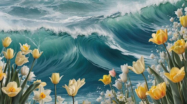Colorful spring flowers bloom near crashing ocean waves on a bright Easter day, creating a vibrant coastal landscape