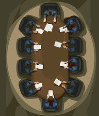 lawyers bussinesman sitting by big long table boss workplace conference room important meeting realistic vector illustration
