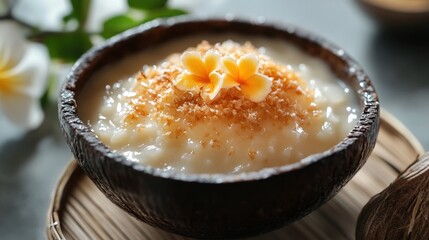Coconut Rice Pudding With Tropical Flowers Garnish