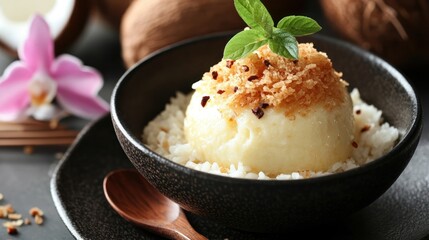 Coconut Rice Pudding Topped With Crispy Coconut