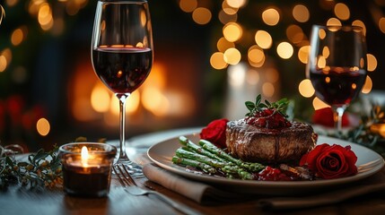 Elegant dinner setting with steak and red wine beside a cozy fireplace during a romantic evening