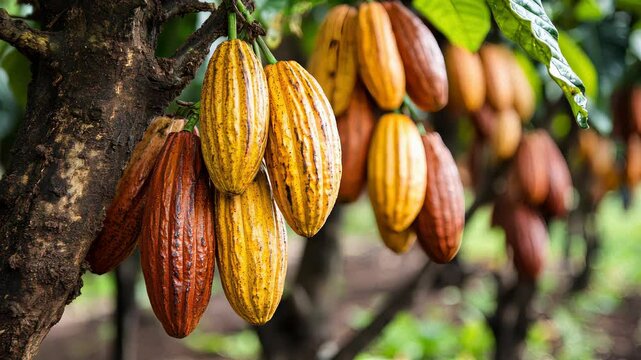 A bunch of brown and yellow cacao pods hanging from a tree	
