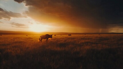Naklejka premium Golden hour illuminates wildebeests grazing on a vast African savanna before an incoming storm