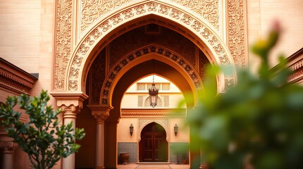 Ornate Archway: A Sunlit Courtyard in Islamic Architectural Style