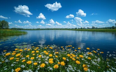 Sunny summer landscape with river, fields, green hills, hay bales, and beautiful clouds in blue sky