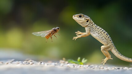 Fototapeta premium Lizard catching bee, outdoors, blurred background, nature