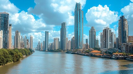 Obraz premium Panama City skyline, river view, sunny day, cityscape, travel