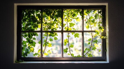 Ivy-covered window, sunlight, garden view, home interior, nature scene