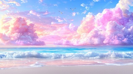 Pastel sunset over ocean beach; birds fly; dreamy sky; ideal for travel/vacation promotion