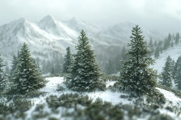 Fototapeta premium A tranquil winter scene featuring a cluster of pine trees blanketed in snow atop a mountain.